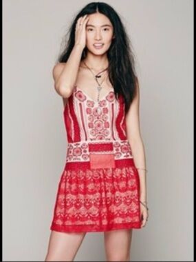 Free People moonlight dancer Red Lace Embroidered Sleeveless Mini Dress